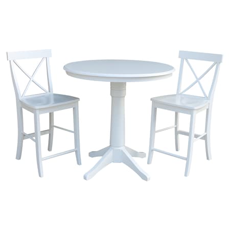 International Concepts Round 36 in Rd Pedestal Gathering Ht Table, 2 X-Back Counter Ht Stools, White, 36 W, 36 L, 34.9 in H K08-36RT-27B-S6132